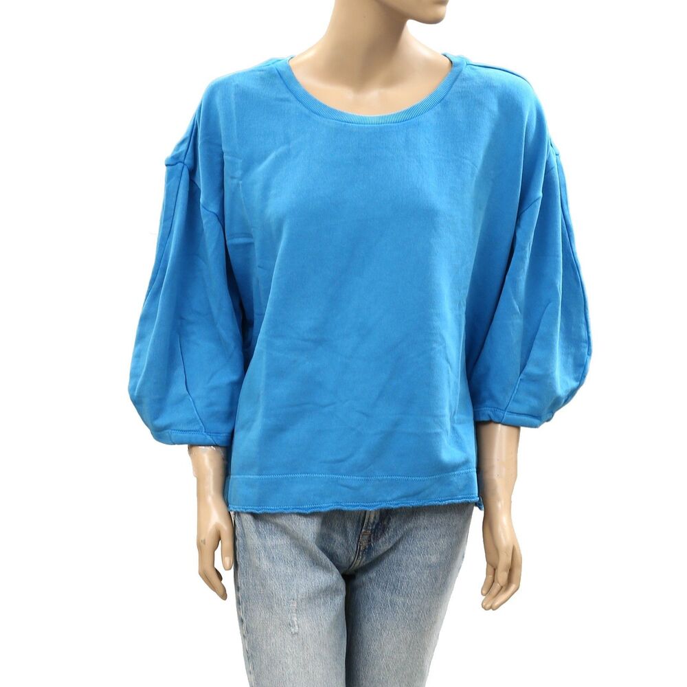 Anthropologie Kris Pleated Sweatshirt Top Balloon Sleeves Cotton Blue XL 287697